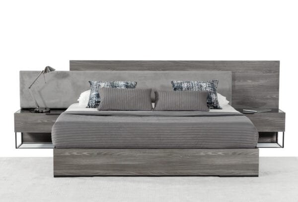 Queen Nova Domus Enzo Italian Modern Grey Oak & Fabric Bed w/ Nightstands