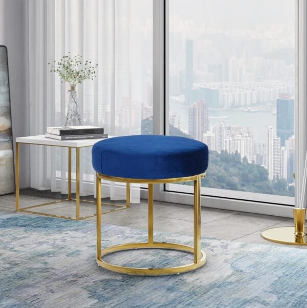 Modrest Elmont Modern Blue Velvet & Gold Stool Ottoman - Image 3