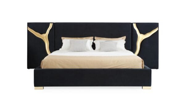 Modrest Aspen - Queen Glam Black Velvet & Gold Bed - Image 3