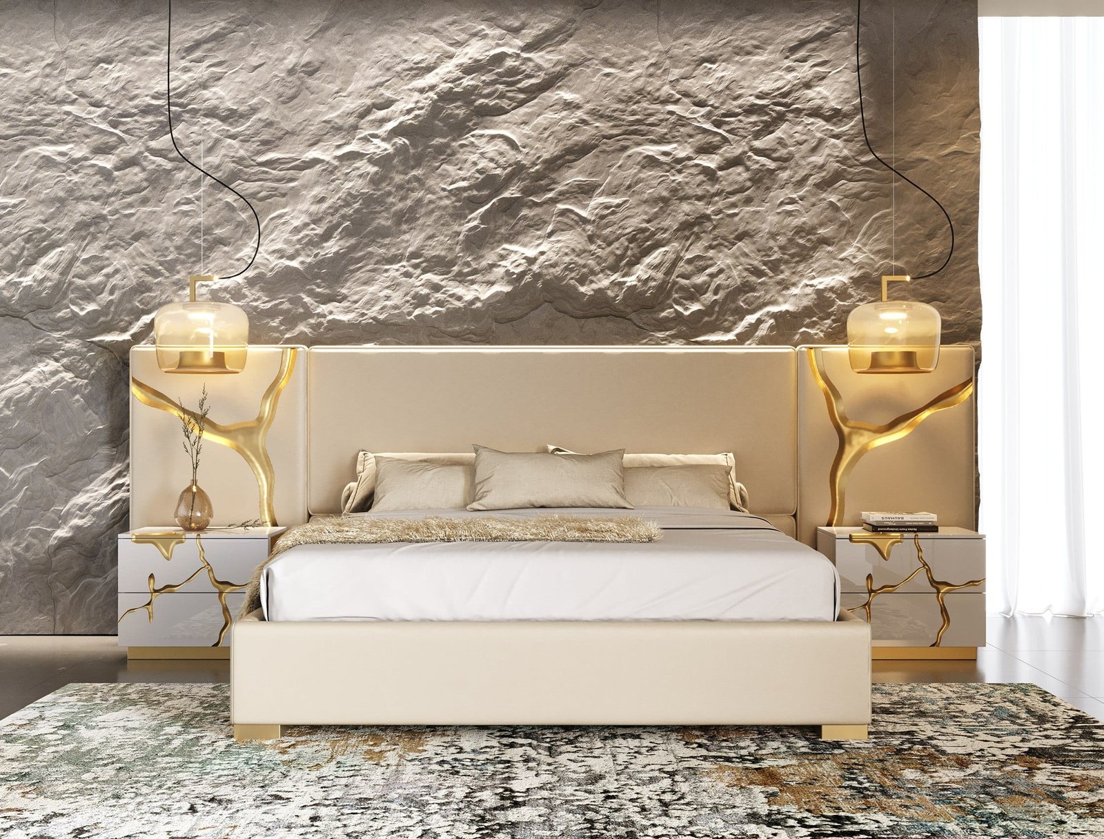 Modrest Aspen - Glam Beige Bonded Leather & Gold EK Bed 2 Modrest Aspen - Glam Beige Bonded Leather & Gold EK Bed - Image 2