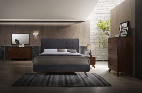 Queen Modrest Addison Mid-Century Modern Grey Fabric & Walnut Bed