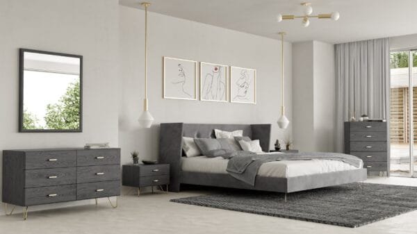 Queen Nova Domus Bryan Modern Grey Velvet & Gold Bed - Image 5