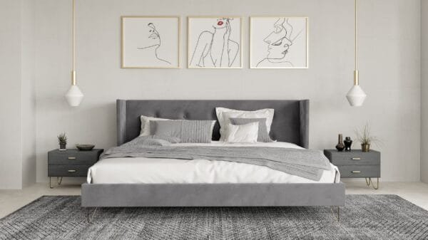 Queen Nova Domus Bryan Modern Grey Velvet & Gold Bed - Image 4