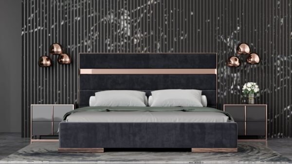 Queen Nova Domus Cartier Modern Black Velvet & Brushed Bronze Bed - Image 3