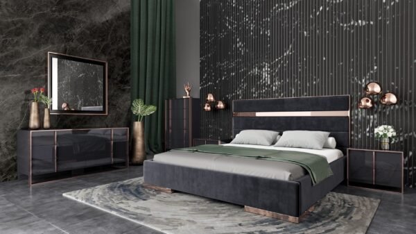 Queen Nova Domus Cartier Modern Black Velvet & Brushed Bronze Bed - Image 2