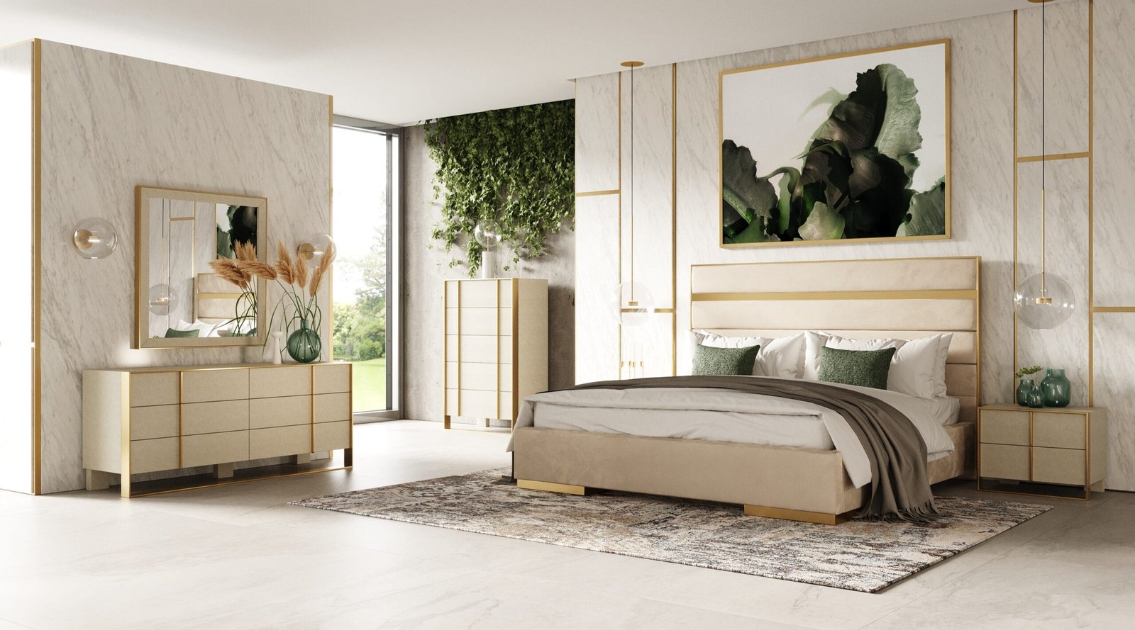 Modrest Cartier - Modern Beige Velvet and Brushed Brass Bed 1 Modrest Cartier -  Modern Beige Velvet and Brushed Brass Bed