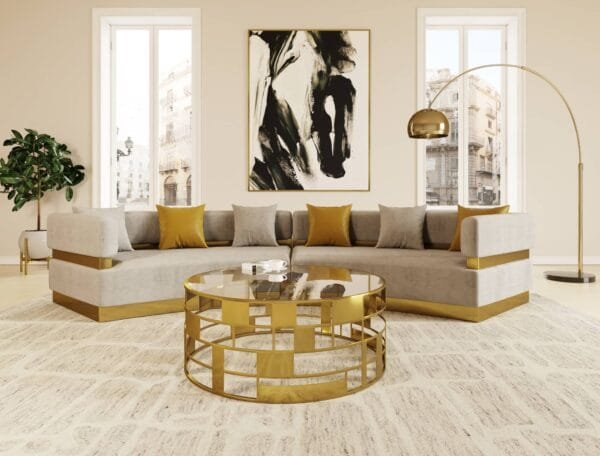 Divani Casa Kiva - Glam Beige + Gold Fabric Curved Sectional Sofa - Image 5