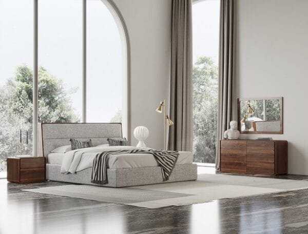 Modrest Dustin - Modern Grey Fabric & Walnut Trimmed Bedroom Set - Image 3