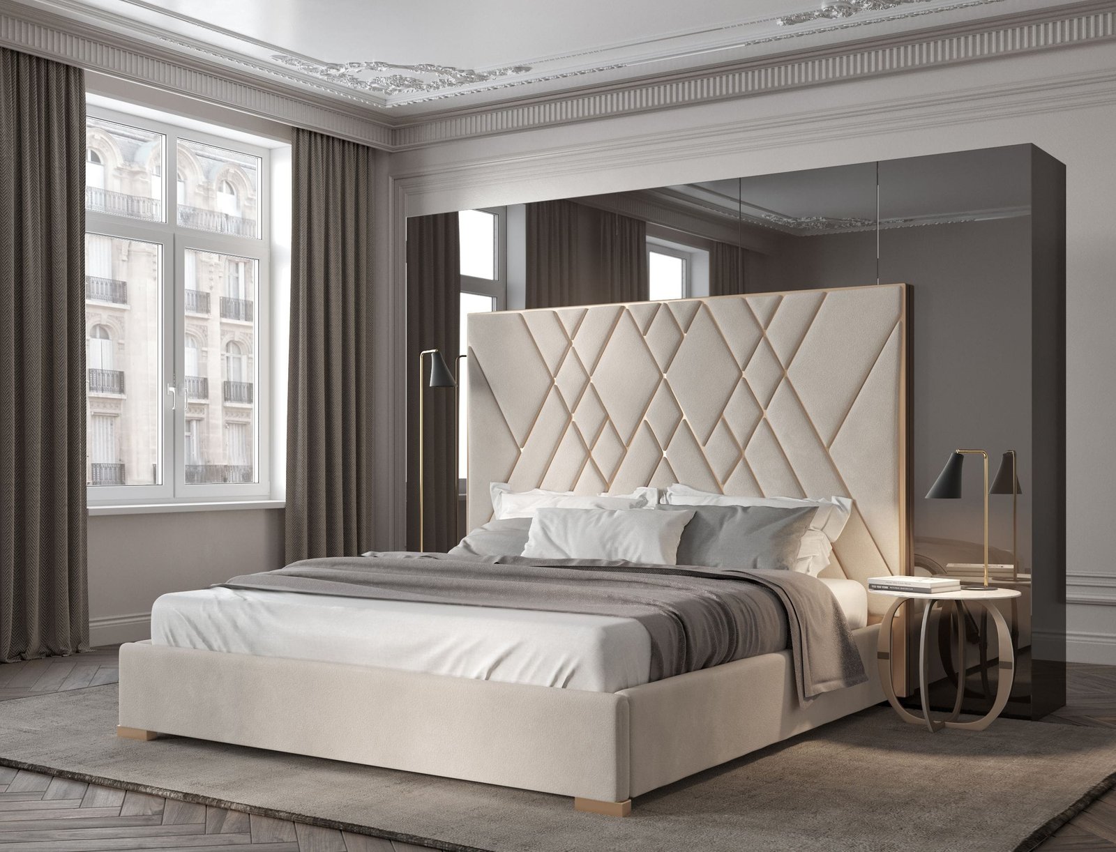 Modrest Eldora - Queen Glam Beige Velvet and Brushed Brass Bed 2 Modrest Eldora - Queen Glam Beige Velvet and Brushed Brass Bed - Image 2