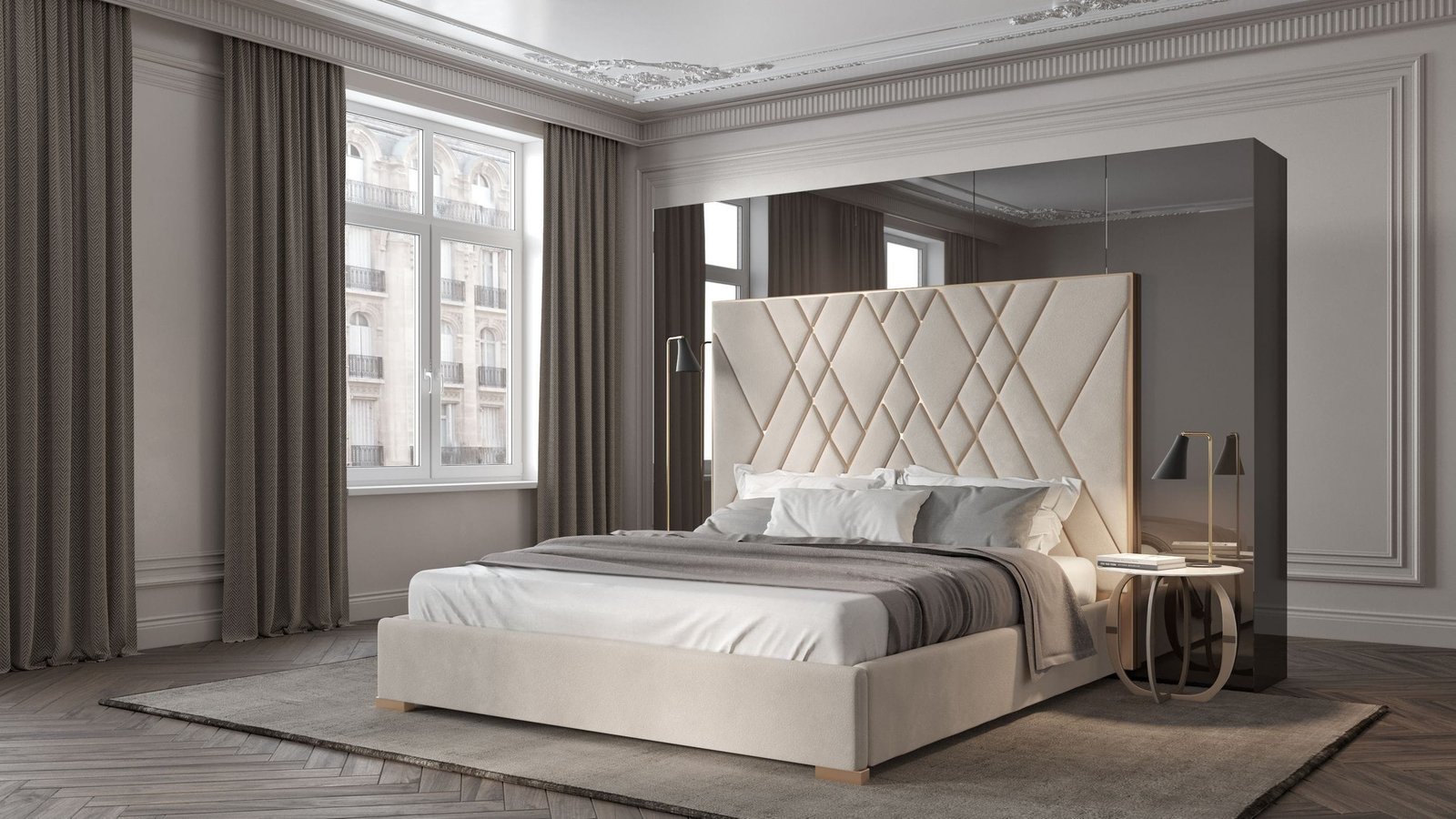 Modrest Eldora - Queen Glam Beige Velvet and Brushed Brass Bed 3 Modrest Eldora - Queen Glam Beige Velvet and Brushed Brass Bed - Image 3