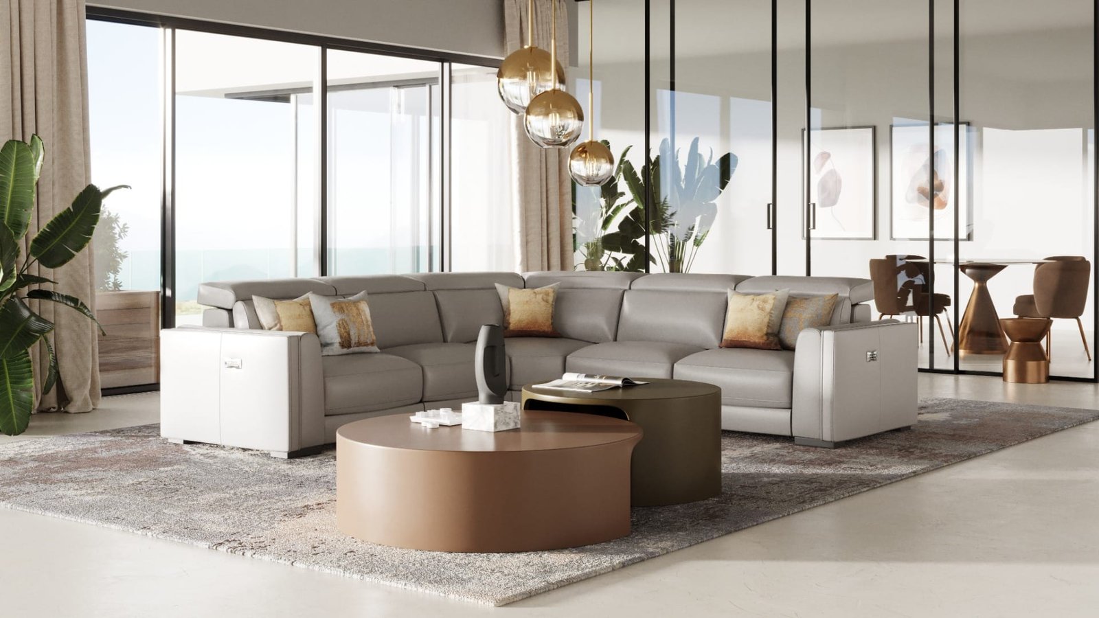 Modrest Frazier - Modern Light Grey Leather Sectional Sofa with 3 Recliners 1 Modrest Frazier - Modern Light Grey Leather Sectional Sofa with 3 Recliners