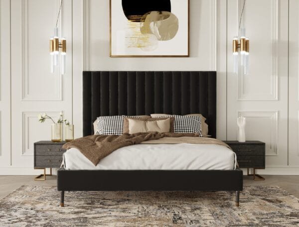 Modrest Hemlock Howard- Modern Dark Grey Velvet and Shagreen Grey Q Bedroom Set