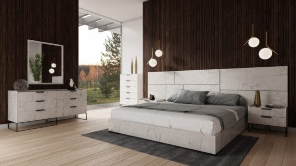 Nova Domus California King Marbella - Italian Modern White Marble Bed w/ 2 Nightstands