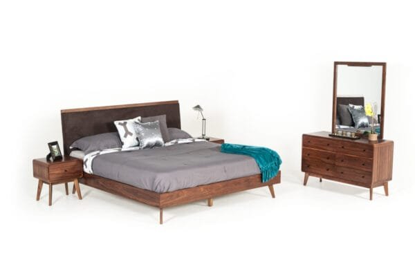 Queen Modrest Marshall Mid-Century Modern Brown Fabric & Walnut Bed - Image 4