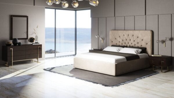 Modrest Moontide - Glam Beige Velvet and Brushed Brass Bedroom Set - Image 5