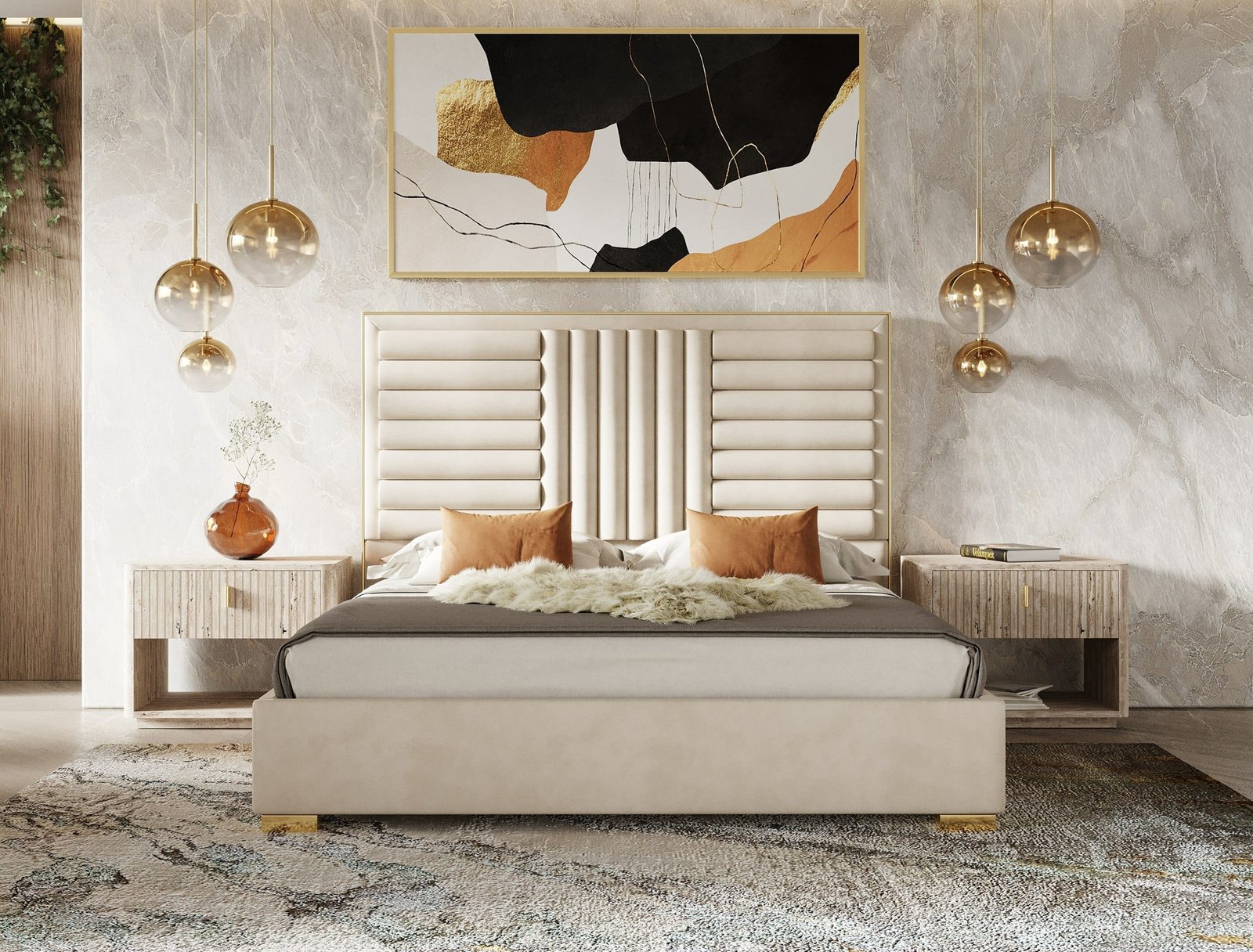 Nova Domus Daystar + Roma - Modern Beige Velvet + Travertine + Gold Bedroom Set 1 Nova Domus Daystar + Roma - Modern Beige Velvet + Travertine + Gold Bedroom Set