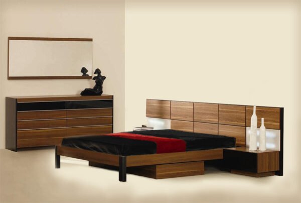 Queen Rondo Modern Platform Bed w/ Nightstands Storage And Lights