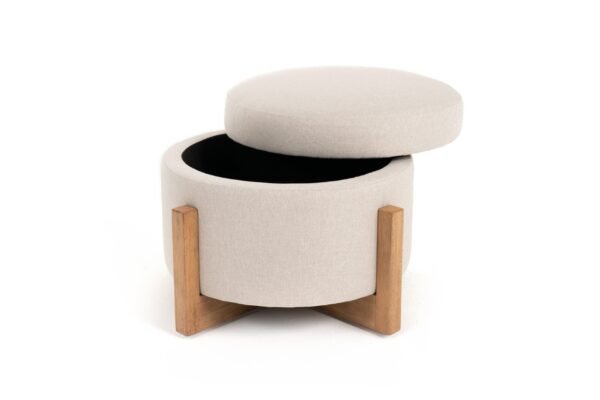 Modrest Sada - Mid-Century Modern Beige Linen + Chestnut Round Ottoman