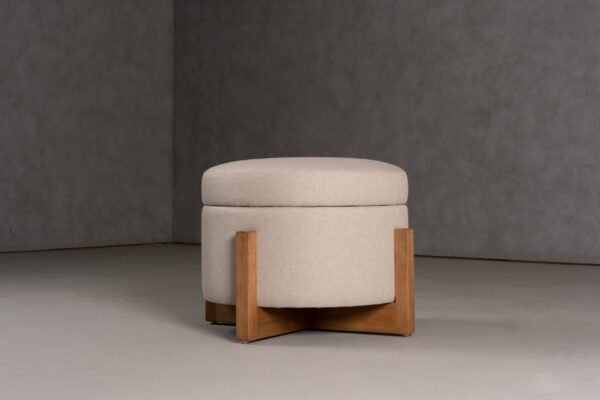 Modrest Sada - Mid-Century Modern Beige Linen + Chestnut Round Ottoman - Image 4