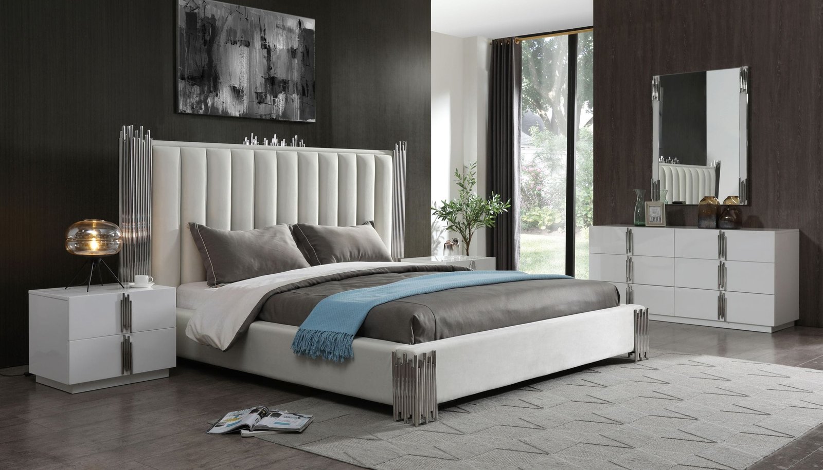 Eastern King Modrest Token - Modern White & Stainless Steel Bedroom Set - Image 3