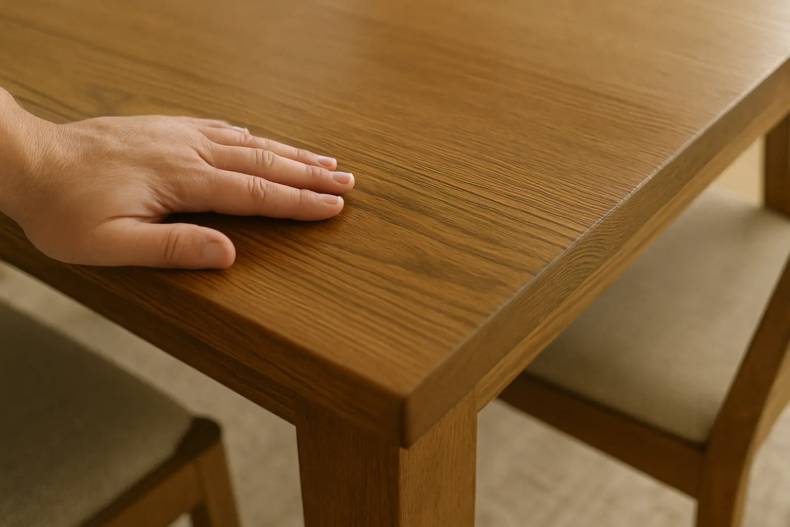 Close-up of hand-finished wood grain on custom dining table